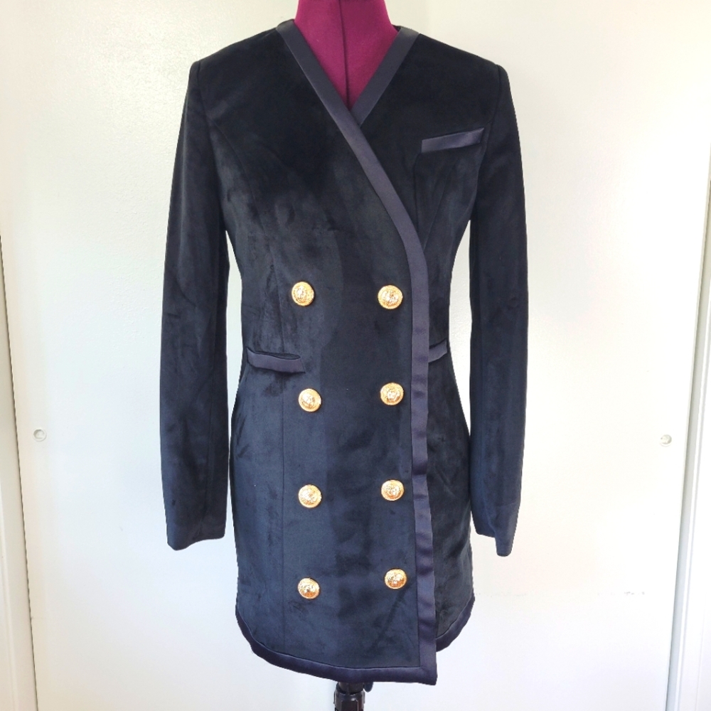Velvet jacket mini dress with gold statement buttons.